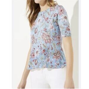 Loft Women Blue Pink Garden Floral Print Short Sleeve Peplum Knit Blouse Size M
